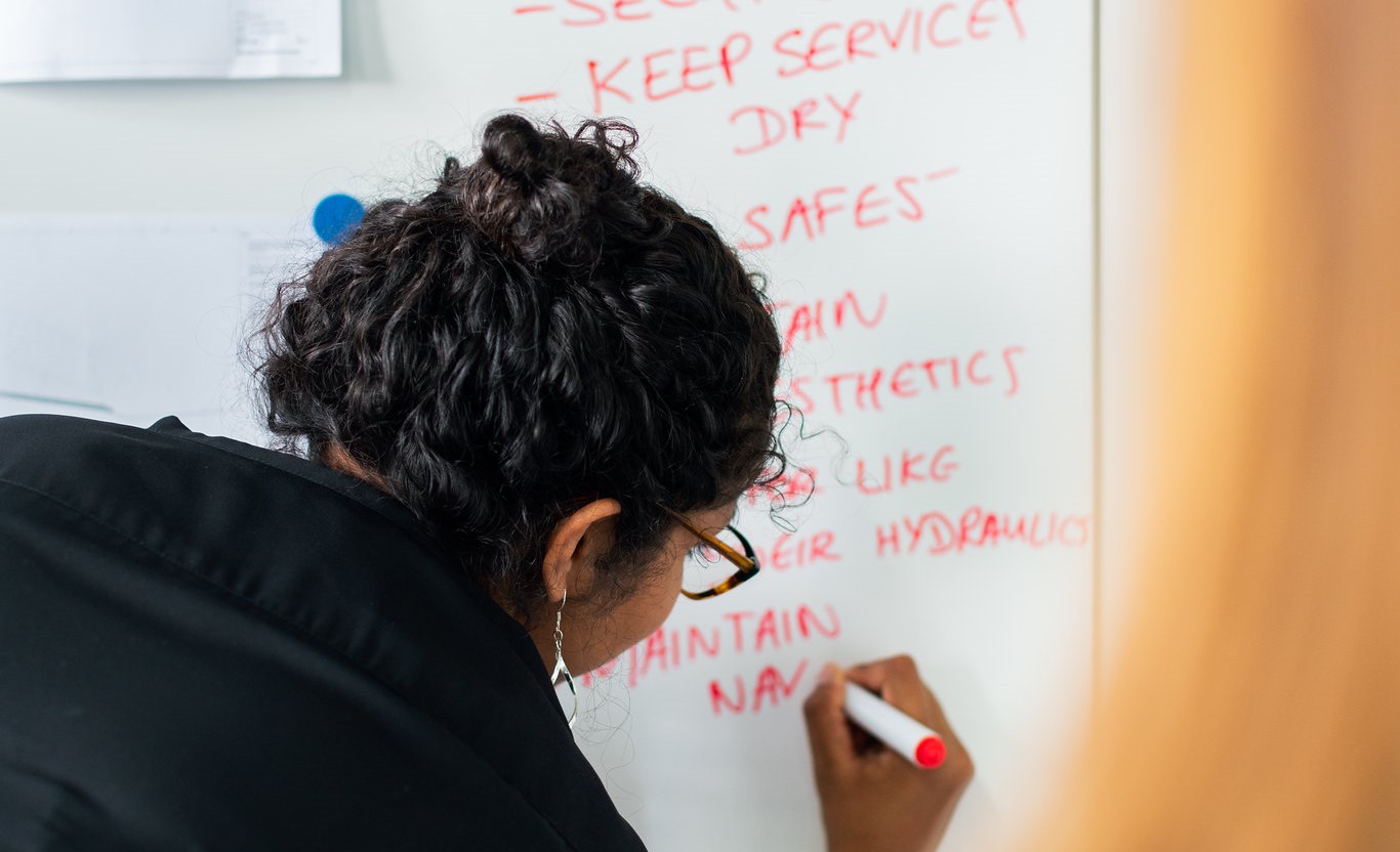 Woman writing on the chalkboard.