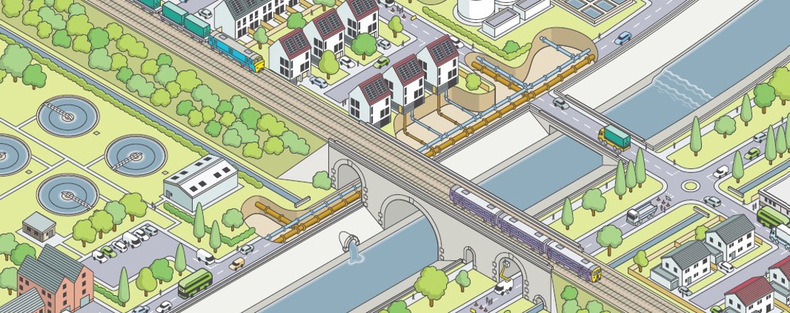 A cartoon image of a river from above. Two bridges run over the river - one for cars and another for trains. There are houses and roads on either side of the river.
